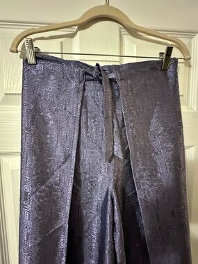 Shimmery Pilazzo Thai Wrap Pants with Tie Waist front and back. Muted purple .